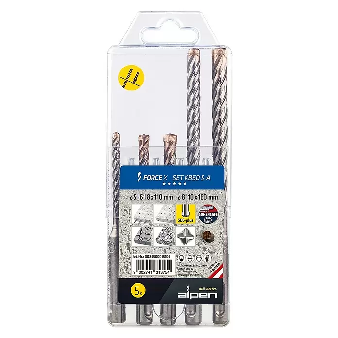 Alpen SDS-Plus Betonbohrer-Set Force X  KBSD 5 - Inhalt: 5 -tlg. - Vorderansicht