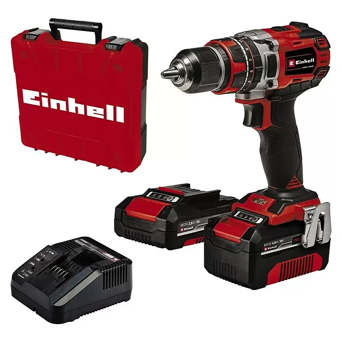 Einhell Power X-Change Akku-Schlagbohrschrauber TE-CD 18/50 Li-i BL - 18 V, 2 Akkus, 2 Ah - 4 Ah, Leerlaufdrehzahl: 0 U/min - 1.800 U/min - Diagonale Ansicht