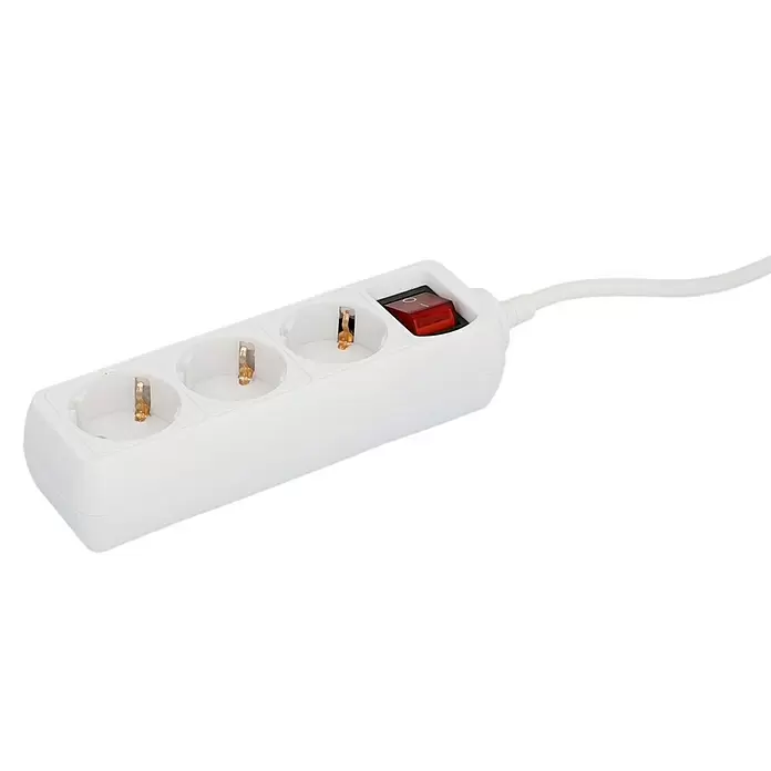 Base de enchufe múltiple - Número de enchufes Schuko: 3 ud., Blanco, Longitud del cable: 3 m, Con interruptor - Primer plano