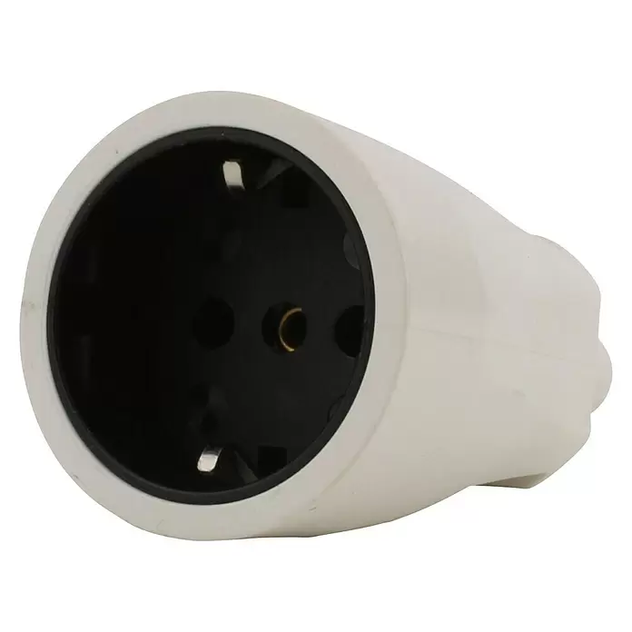 UniTEC Schutzkontakt-Kupplung - 16 A, IP20, Weiß, Kabelknickschutz - Diagonale Ansicht