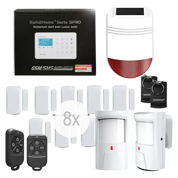 Safe2Home Alarmanlagen-Set SP110 Komplett - Mit Solar-Außensirene, L x B x H: 195 x 136 x 31 mm - Vorderansicht
