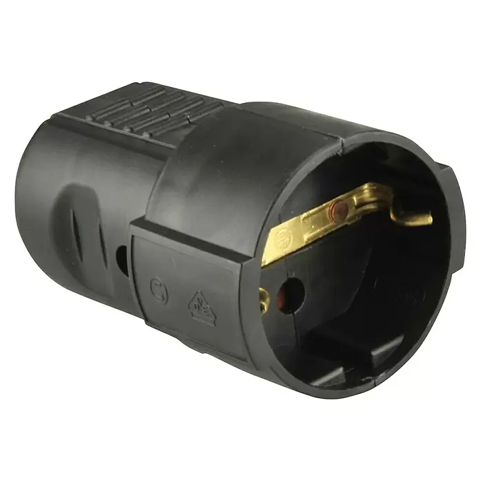 UniTEC Schutzkontakt-Kupplung - Schwarz, Kunststoff, IP20, 250 V, 16 A - Diagonale Ansicht