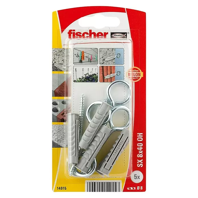 Fischer Set de tacos SX con gancho de ojo - Ø x L: 8 x 40 mm, Gancho de ojo, 5 uds. - Vista frontal