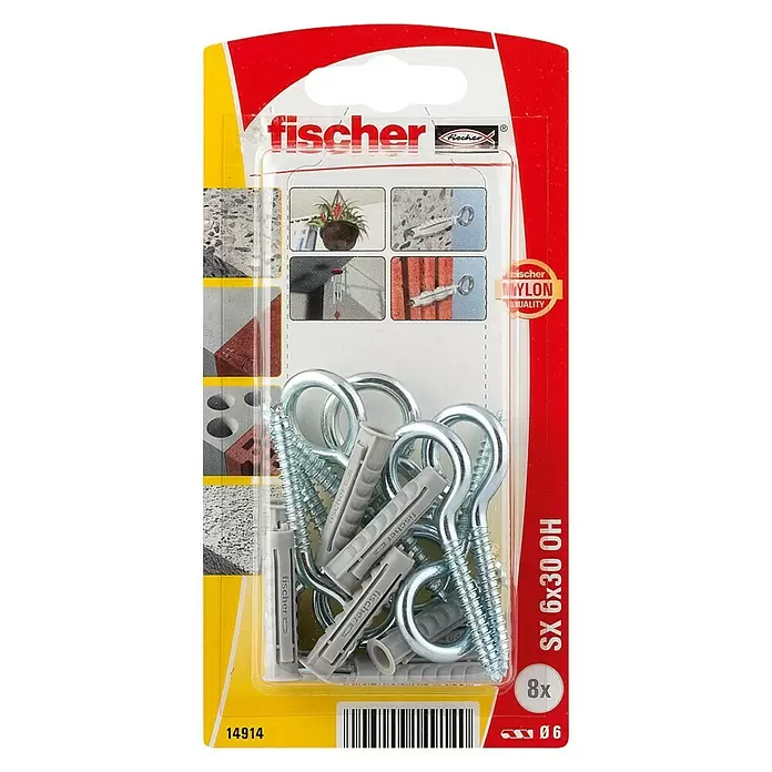 Fischer Set de tacos SX con gancho de ojo - Ø x L: 6 x 30 mm, Gancho de ojo, 8 uds. - Vista frontal