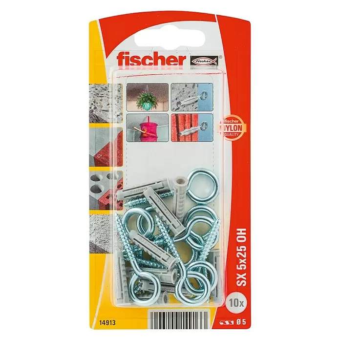 Fischer Set de tacos SX con gancho de ojo - Ø x L: 5 x 25 mm, Gancho de ojo, 10 uds. - Vista frontal