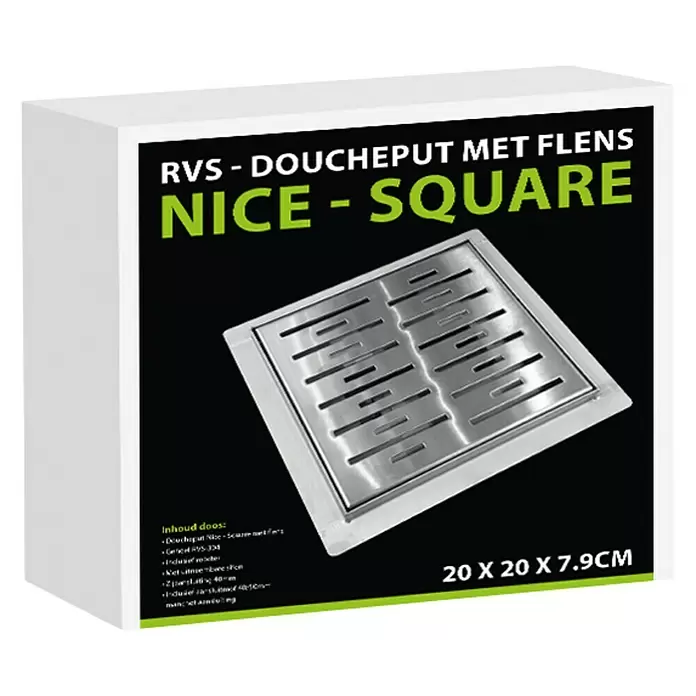 Best Design Douchegoot N-Square met flens - 20 x 20 cm, Roestvrij staal - Diagonaal zicht