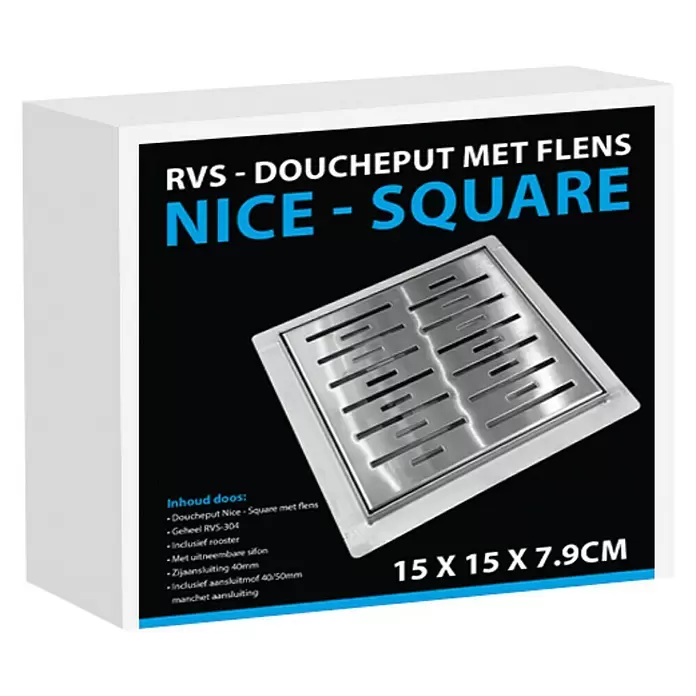Best Design Douchegoot N-Square met flens - 15 x 15 cm, Roestvrij staal - Diagonaal zicht