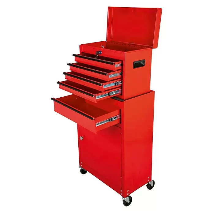 Werkstattwagen mit Aufsatzbox - L x B x H: 67,6 x 45,9 x 85,7 cm, Ohne Inhalt, Anzahl Schubladen: 5 Stk. - Diagonale Ansicht