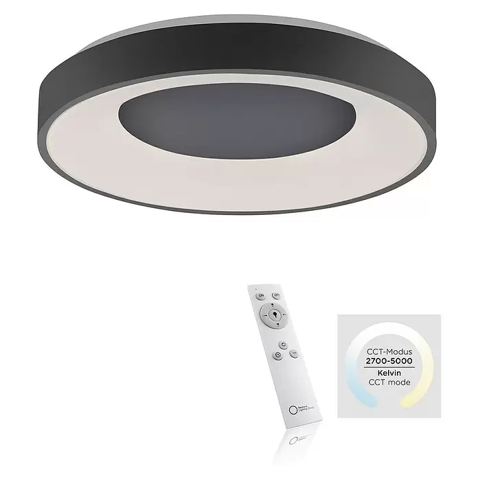 LeuchtenDirekt LED-Deckenleuchte rund - 30 W, Ø x H: 48 x 7,8 cm, Anthrazit, Sonstige - Diagonale Ansicht