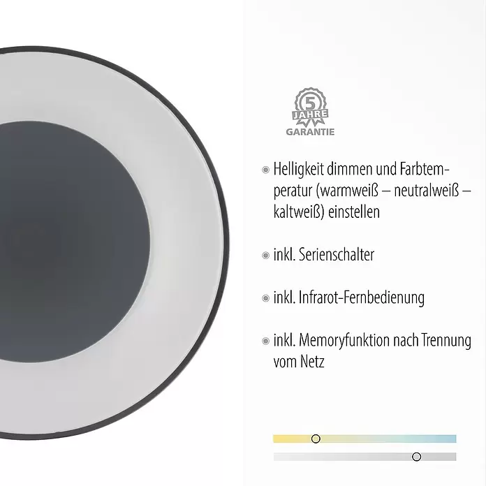 LeuchtenDirekt LED-Deckenleuchte rund - 30 W, Ø x H: 48 x 7,8 cm, Anthrazit, Sonstige