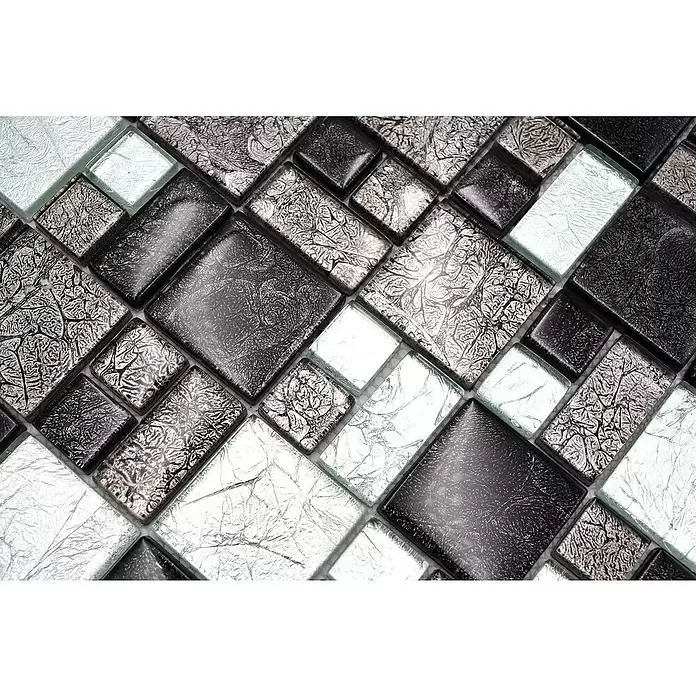 Mozaïektegel glas Mix XCM 8BS48 - 30 x 30 cm, Zwart/Zilver, Glanzend - Close-up