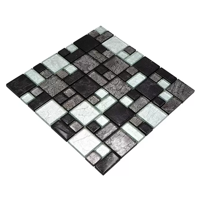 Mozaïektegel glas Mix XCM 8BS48 - 30 x 30 cm, Zwart/Zilver, Glanzend - Top-down weergave