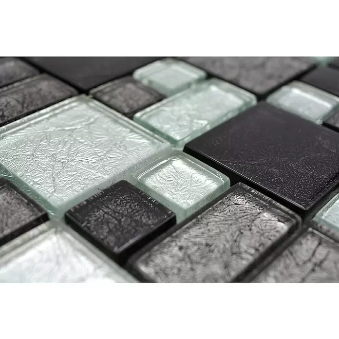 Mozaïektegel glas Mix XCM 8BS48 - 30 x 30 cm, Zwart/Zilver, Glanzend - Close-up
