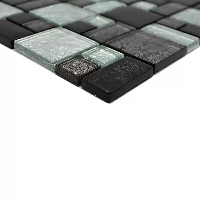 Mozaïektegel glas Mix XCM 8BS48 - 30 x 30 cm, Zwart/Zilver, Glanzend - Close-up