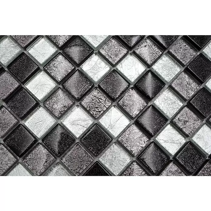 Mozaïektegel vierkant glas XCM 8BS18 - 30 x 30 cm, Zilver/Zwart, Glanzend - Close-up
