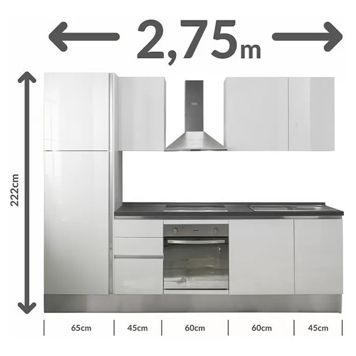 Kuhinjski komplet Giulia - Širina: 275 cm, Lijevi graničnik, Bijele boje - Skica