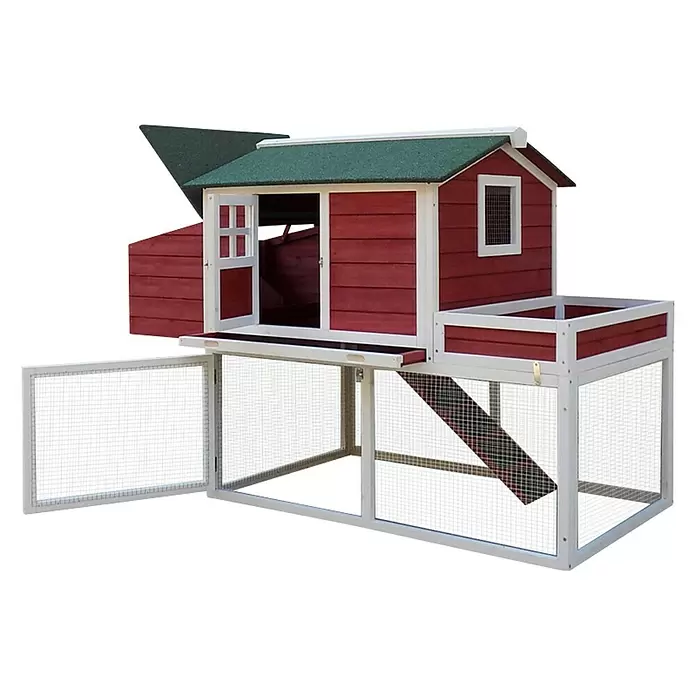 Hühnerstall - L x B x H: 168 x 66 x 103 cm, Ausstattung: 2 Nistplätze, Rot/Weiß - Diagonale Ansicht