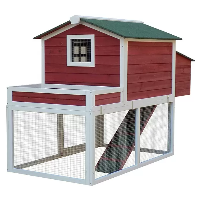 Hühnerstall - L x B x H: 168 x 66 x 103 cm, Ausstattung: 2 Nistplätze, Rot/Weiß - Diagonale Ansicht