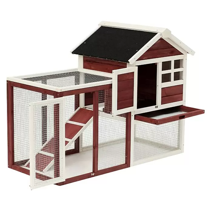 Kleintierstall - L x B x H: 122 x 69 x 93 cm, Braun/Weiß - Diagonale Ansicht