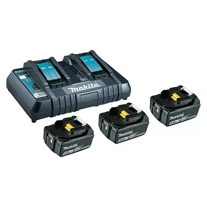 Makita Akku & Ladegerät Power Source Kit - 18 V, 3 Akkus, 5 Ah - Diagonale Ansicht