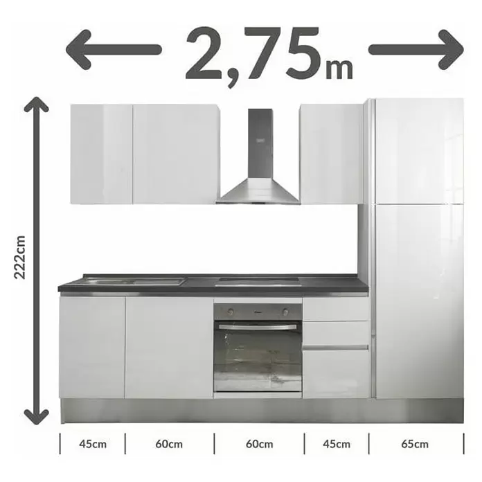 Kuhinjski komplet Giulia - Širina: 275 cm, Desni graničnik, Bijele boje - Skica