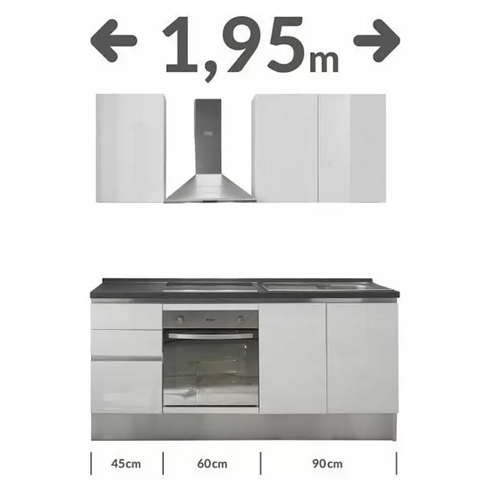 Kuhinjski komplet Giulia - Širina: 195 cm, Desni graničnik, Bijele boje - Skica