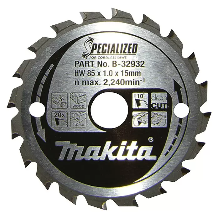 Makita Kreissägeblatt B-32932 - Durchmesser: 85 mm, Bohrung: 15 mm, 20 Zähne - Vorderansicht