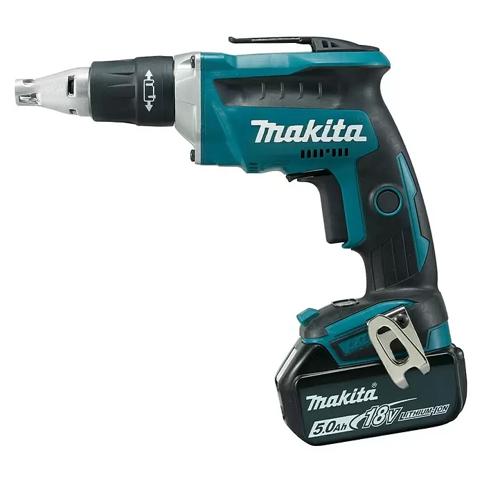 Makita Akku-Trockenbauschrauber DFS452RTJ - 18 V, Li-Ionen, 5 Ah, 2 Akkus, Leerlaufdrehzahl: 0 U/min - 4.000 U/min - Linke Seitenansicht