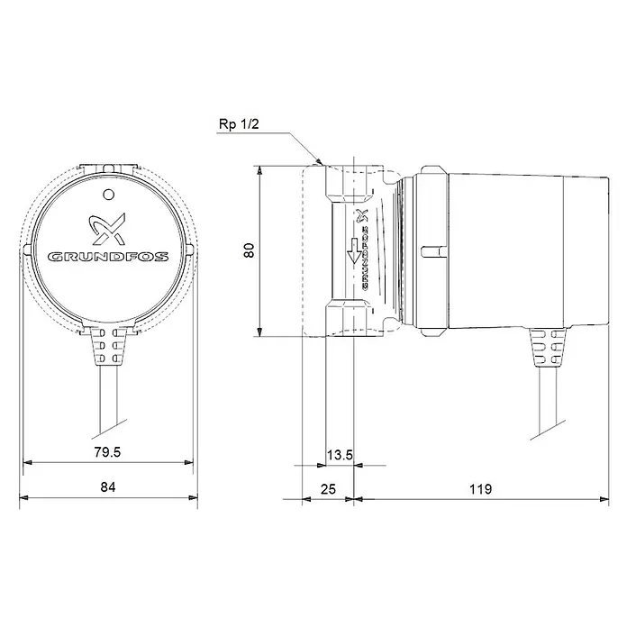 Grundfos Zirkulationspumpe UP1514BPM - ½″, Einbaulänge: 8 cm - Skizze
