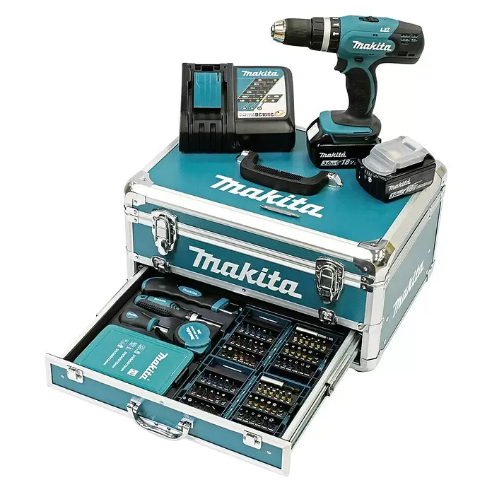Makita Akku-Schlagbohrschrauber DHP453RFX2 - 18 V, 2 Akkus, 3 Ah - Diagonale Ansicht