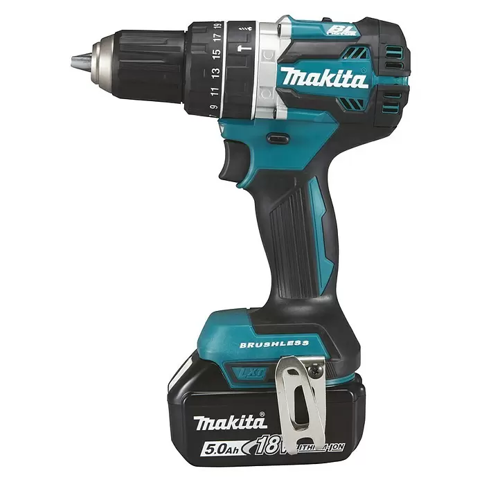Makita Akku-Schlagbohrschrauber DHP484RTJ - 18 V, 2 Akkus, 5 Ah, Leerlaufdrehzahl: 0 U/min - 2.000 U/min - Linke Seitenansicht