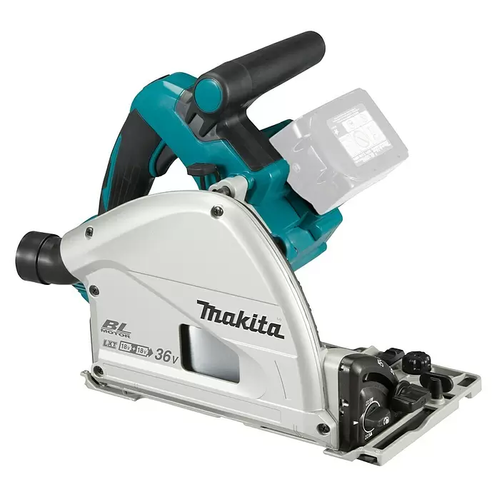 Makita Akku-Tauchsäge DSP601ZJU - 18 V, Ohne Akku, Sägeblatt: Ø 165 mm, 2.500 U/min - 6.300 U/min - Diagonale Ansicht