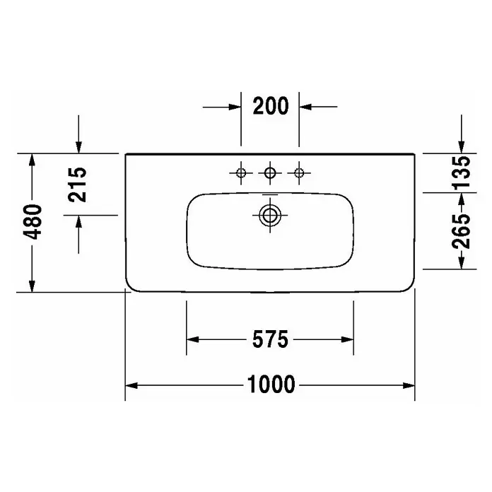 Duravit DuraStyle Waschtisch Typ 1 - 100 x 48 cm, Mit schmutzabweisender Glasur, Hahnloch: Ohne, Mit Überlauf, Weiß - Skizze