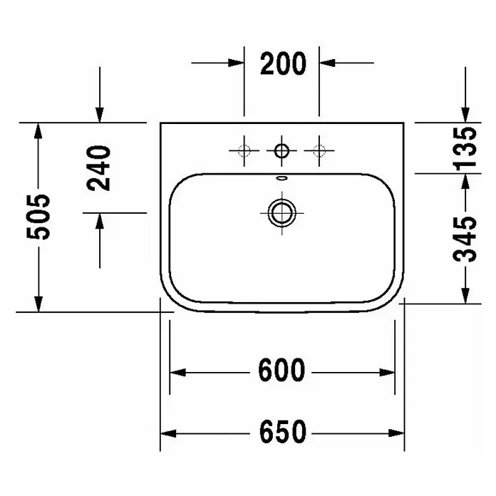 Duravit Happy D.2 Waschtisch - 65 x 50,5 cm, Mit schmutzabweisender Glasur, Hahnloch: Mitte, Mit Überlauf, Weiß, Geschliffen - Skizze