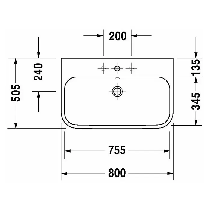 Duravit Happy D.2 Waschtisch - 80 x 50,5 cm, Mit schmutzabweisender Glasur, Hahnloch: Mitte, Mit Überlauf, Weiß, Geschliffen - Skizze