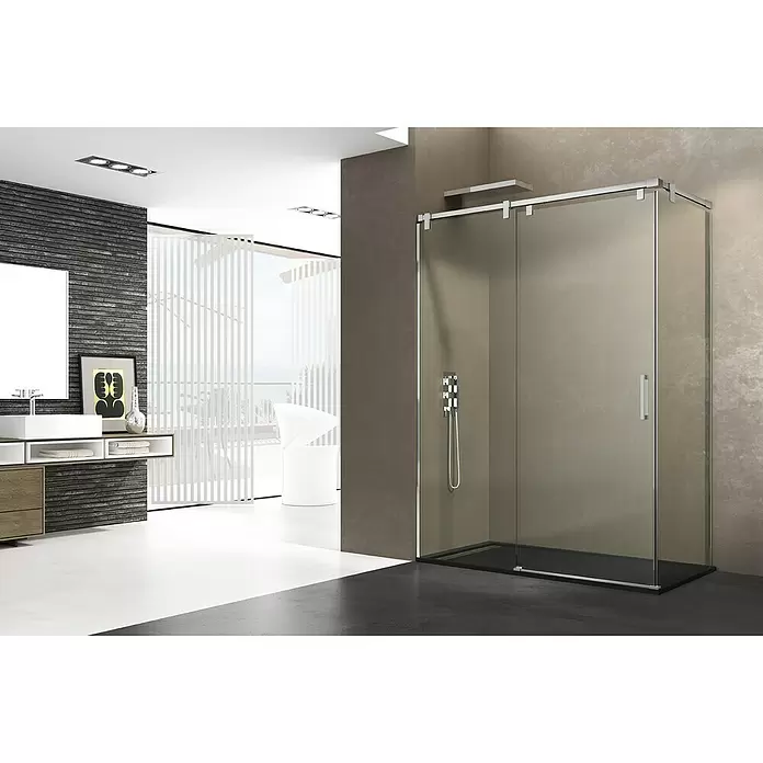 GME Mampara de ducha esquinera Futura frontal + lateral - L x An x Al: 70 x 140 x 200 cm, Vidrio transparente, Espesor: 6 mm, Inox - Foto ambiente