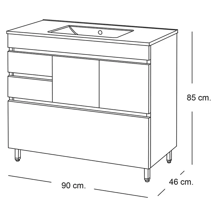Mueble de lavabo Complet - L x An x Al: 46 x 90 x 85 cm, Nebraska - Dibujo técnico
