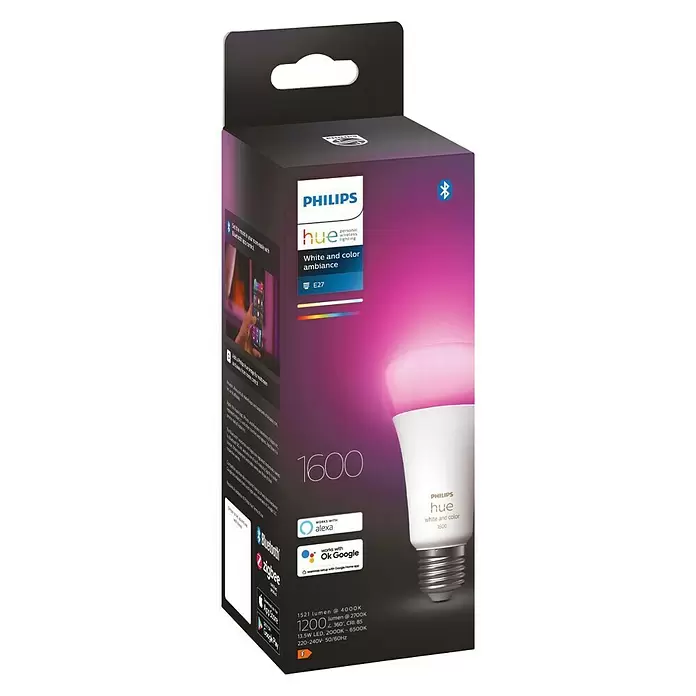 Philips Hue LED-Leuchtmittel White & Color - E27, 13,5 W, A67, 1.600 lm, 1 Stk. - Diagonale Ansicht