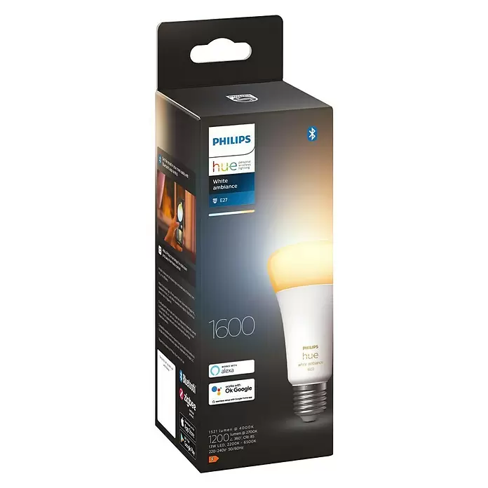 Philips Hue LED-Leuchtmittel White Ambiance - E27, 13 W, A60, 1.600 lm, 1 Stk. - Diagonale Ansicht