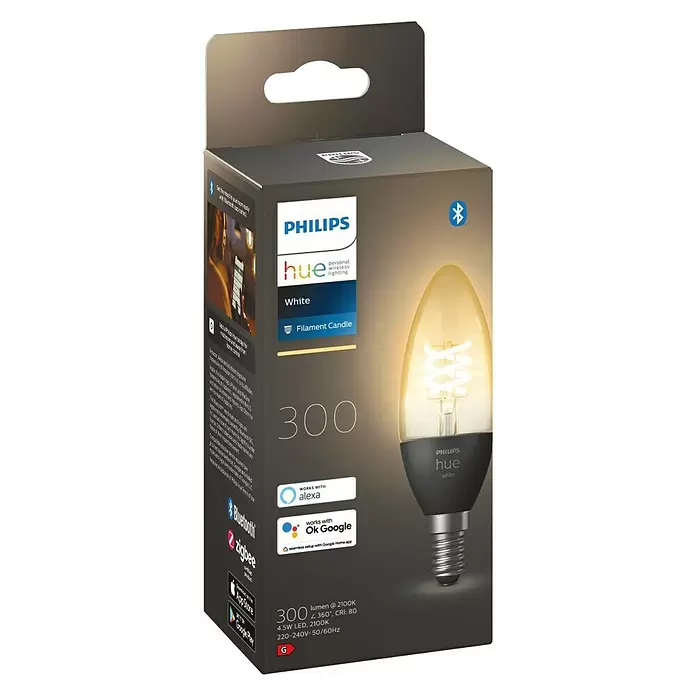 Philips Hue LED-Leuchtmittel White Filament - E14, 4,5 W, 300 lm, Warmweiß, 1 Stk. - Diagonale Ansicht
