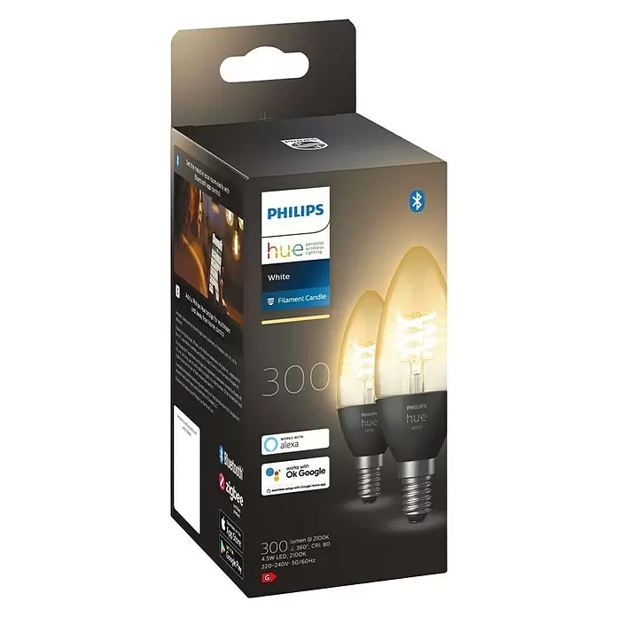 Philips Hue LED-Leuchtmittel White Filament - E14, 4,5 W, 300 lm, Warmweiß, 2 Stk. - Diagonale Ansicht