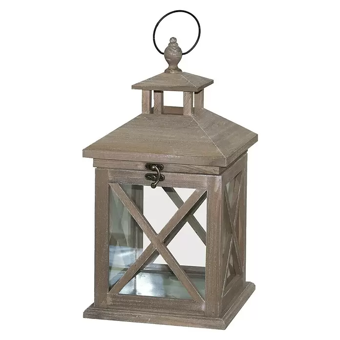 Holz-Laterne Gebürstete Optik - L x B x H: 21 x 21 x 39 cm, Weiß-Braun - Diagonale Ansicht