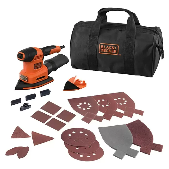 Black+Decker Multilijadora BEW200LSA + 21 accesorios y bolsa - 200 W, Diámetro disco de lija: 125 mm - Vista angular