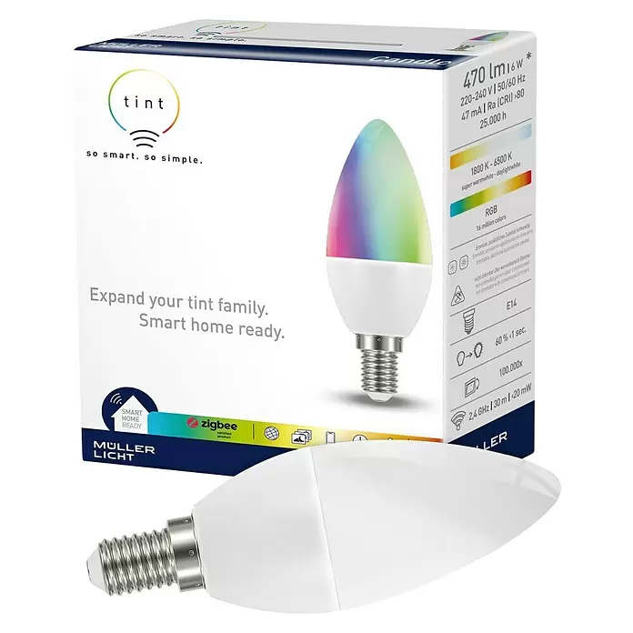 Müller-Licht Tint LED-Leuchtmittel - E14, 6 W, 470 lm, RGBW - Diagonale Ansicht