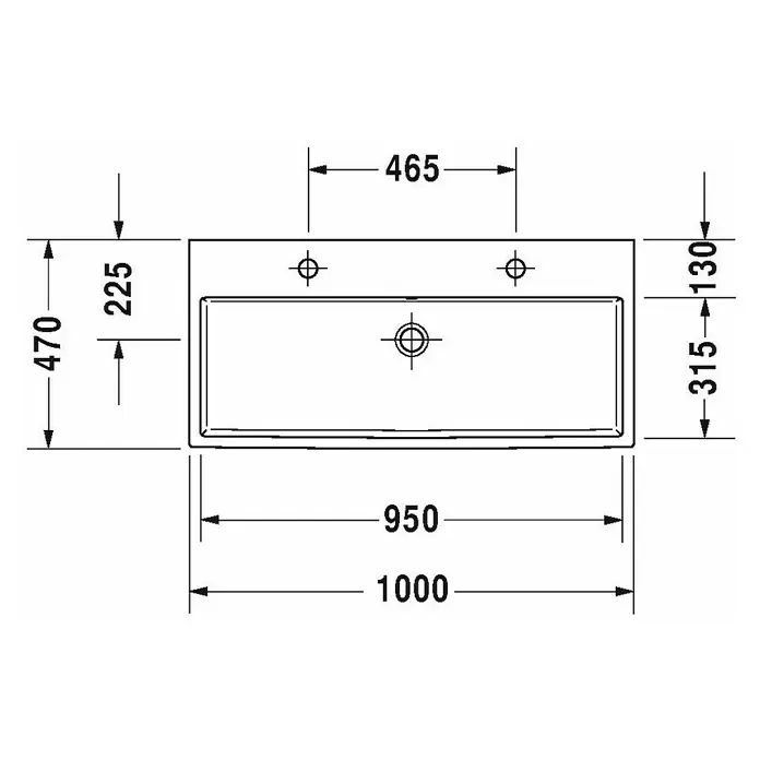 Duravit Vero Air Doppelwaschtisch - 100 x 47 cm, Mit schmutzabweisender Glasur, Hahnloch: Mitte, Mit Überlauf, Weiß, Ungeschliffen - Skizze