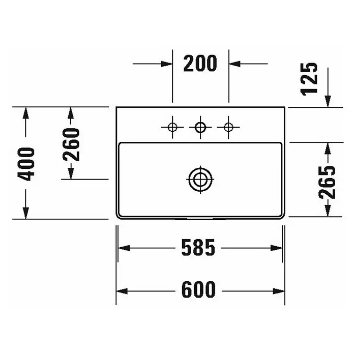 Duravit DuraSquare Waschtisch Compact - 60 x 40 cm, Mit schmutzabweisender Glasur, Hahnloch: Mitte, Ohne Überlauf, Weiß, Geschliffen - Skizze