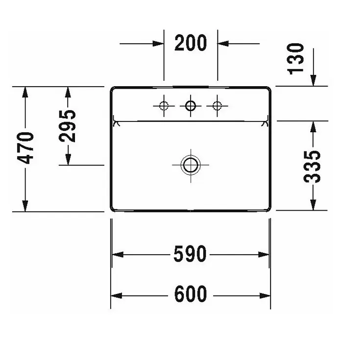 Duravit DuraSquare Aufsatzwaschbecken - 60 x 47 cm, Mit schmutzabweisender Glasur, Hahnloch: Ohne, Ohne Überlauf, Weiß - Skizze
