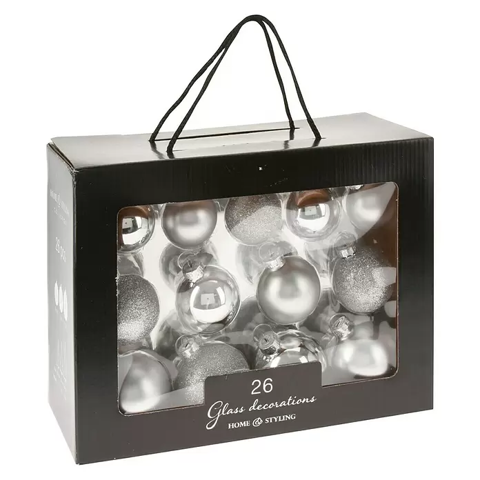 Kerstballen - 26 stk., Zilver, Glas - Diagonaal zicht