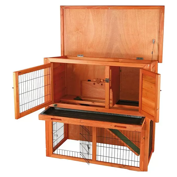 Kleintierstall - L x B x H: 116 x 65 x 111 cm, Ausstattung: Freigehege, Braun - Diagonale Ansicht