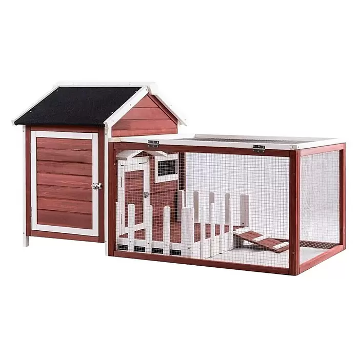 Kleintierstall - L x B x H: 145 x 74 x 82 cm, Braun/Weiß - Diagonale Ansicht